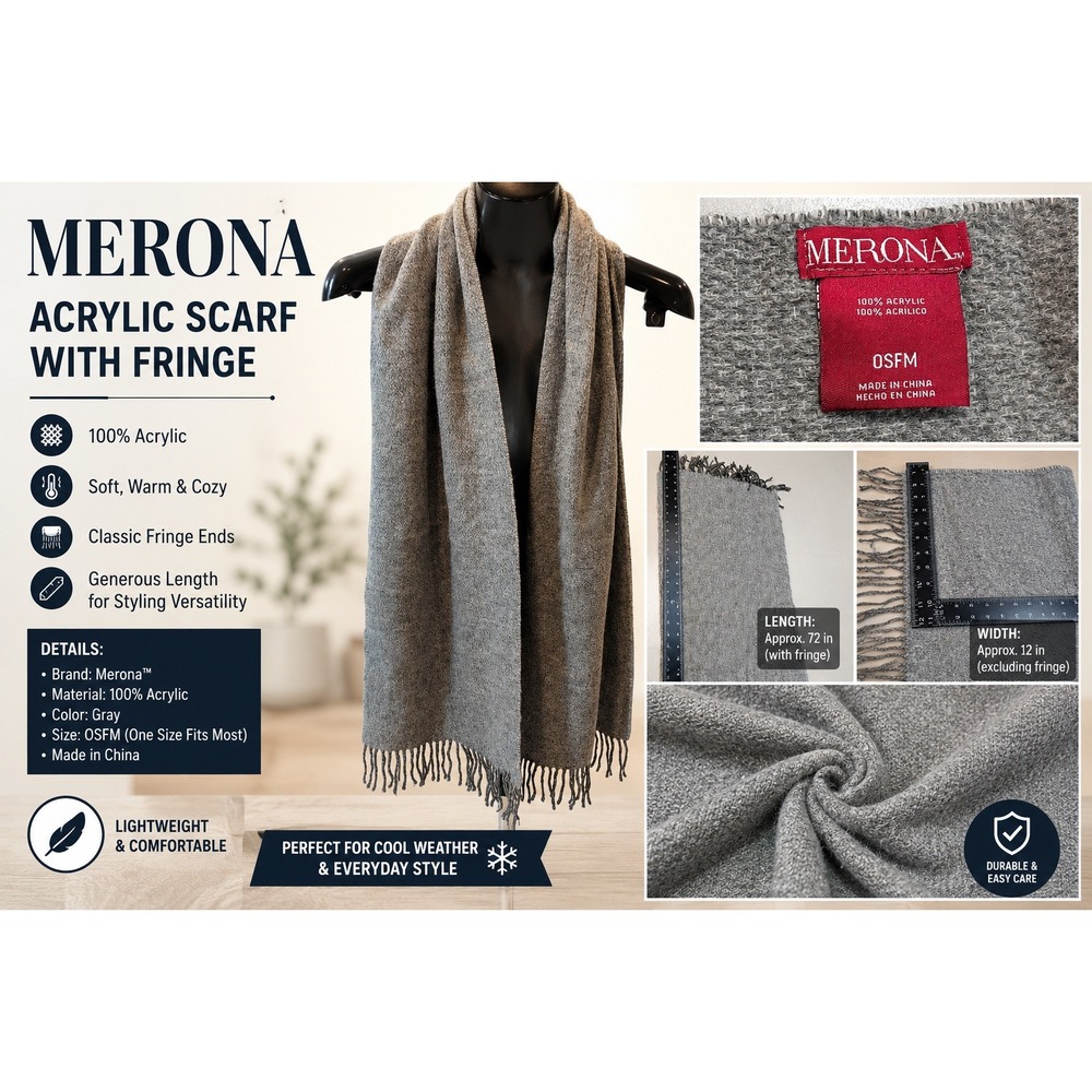 Merona Gray Knit Scarf Soft Acrylic Fringe Winter Wrap OSFM Gray Heathered‎
